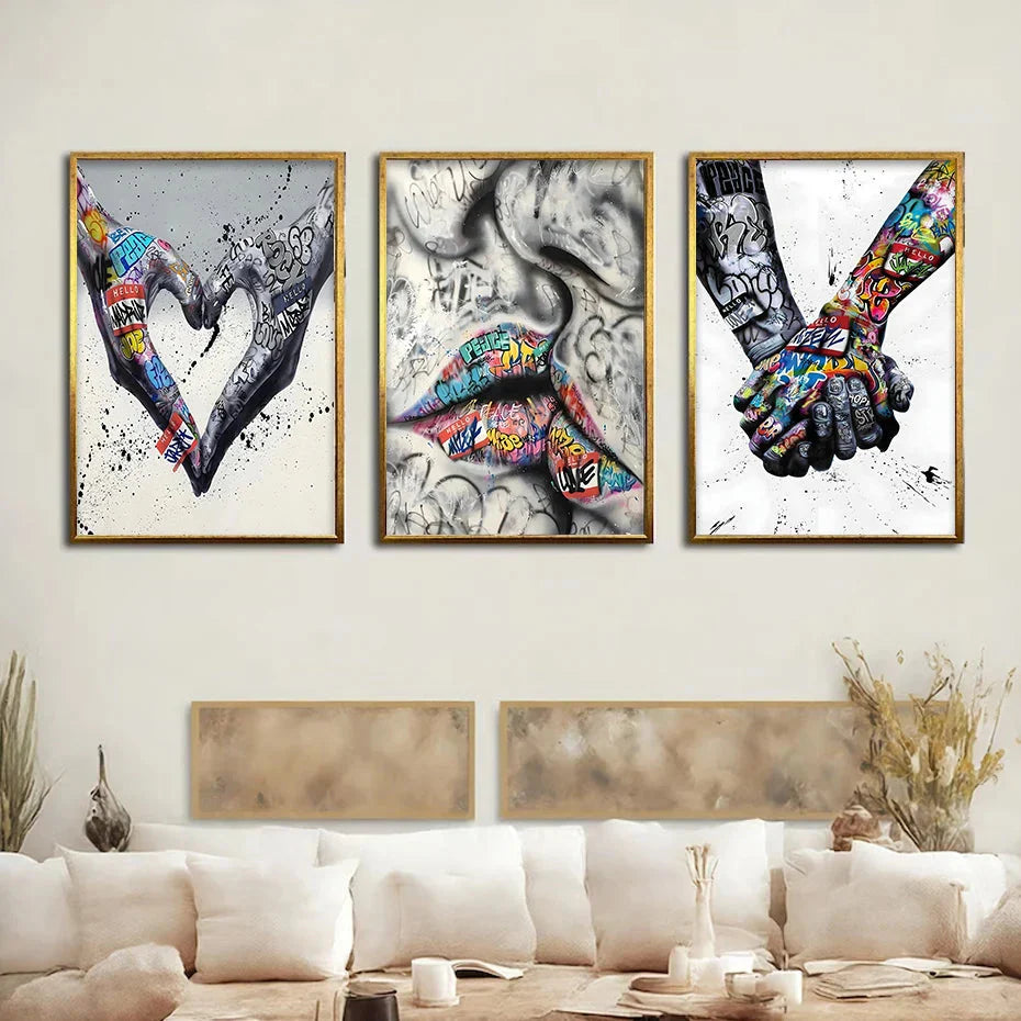 BowLift | 3PCS Modern Love Hand in Hand Kiss the Kiss Poster Graffiti Banksy Street Wall Art Canvas Painting Prints Pictures Room Decoration