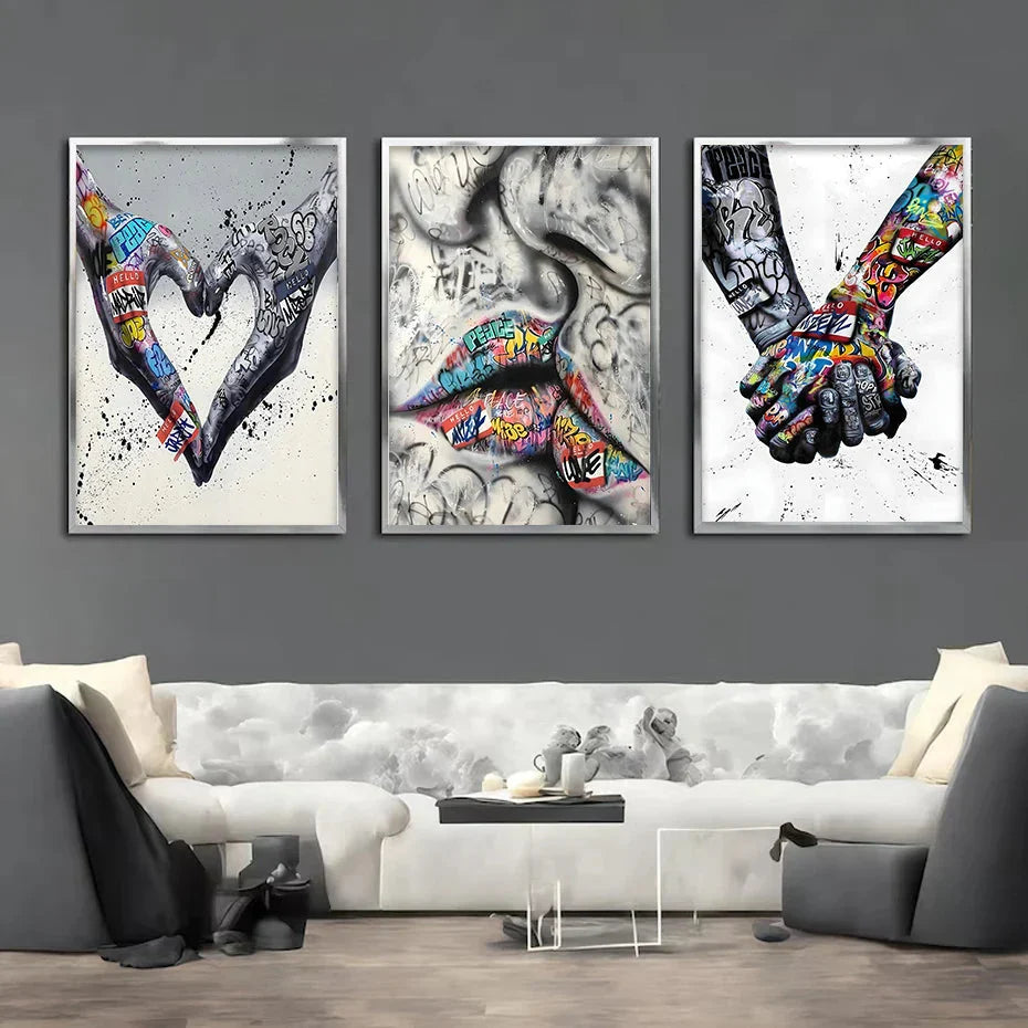 BowLift | 3PCS Modern Love Hand in Hand Kiss the Kiss Poster Graffiti Banksy Street Wall Art Canvas Painting Prints Pictures Room Decoration