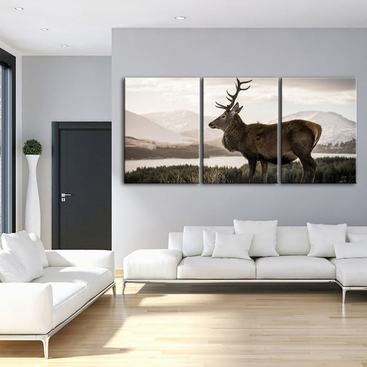 Somber Winter Deer-Canvas Wall Art Painting 3 Pieces | Bowlift