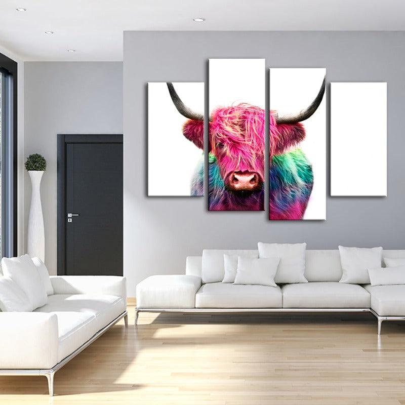 4 Piece Colorful Pink Cow - Canvas Wall Art Painting | Bowlift