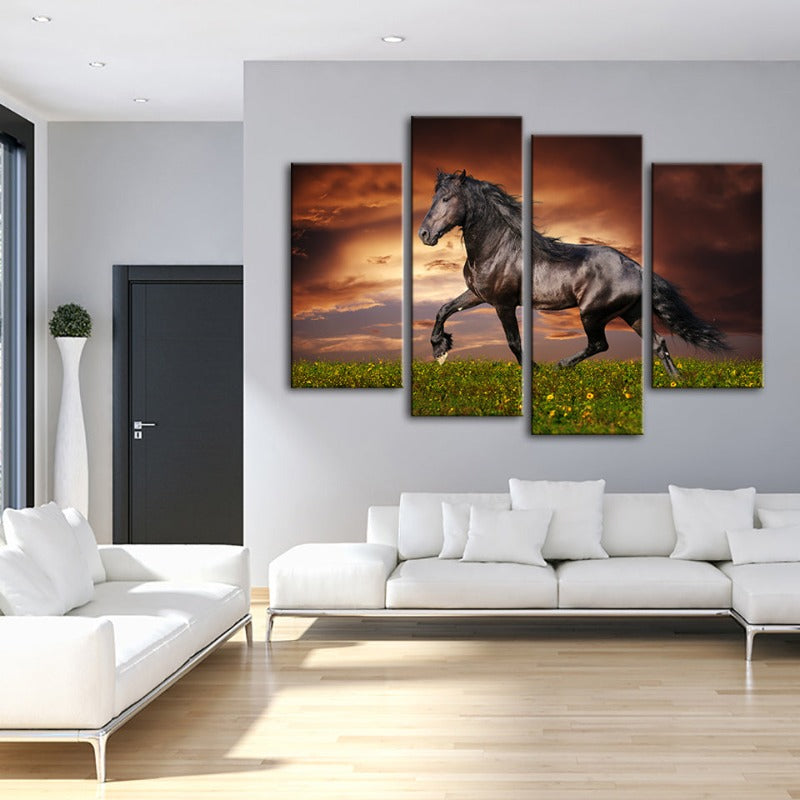 4 Piece Running Black Horse - Canvas Wall Art Painting | Bowlift