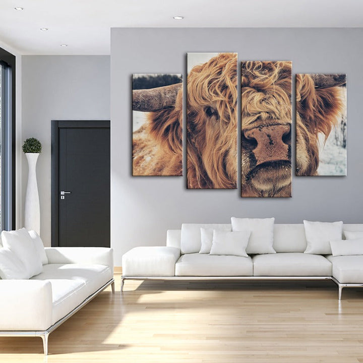 4 Piece Close Up Brown Cow - Canvas Wall Art Painting | Bowlift