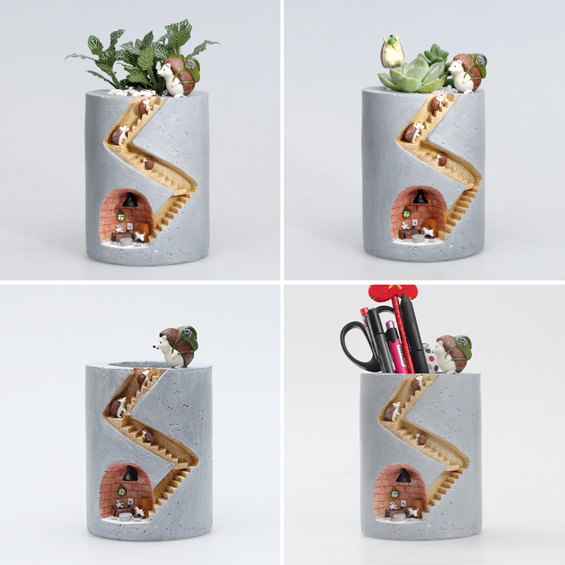 BowLift | Decorative plant pot with hedgehog and rabbit miniature – Creative staircase design for plants