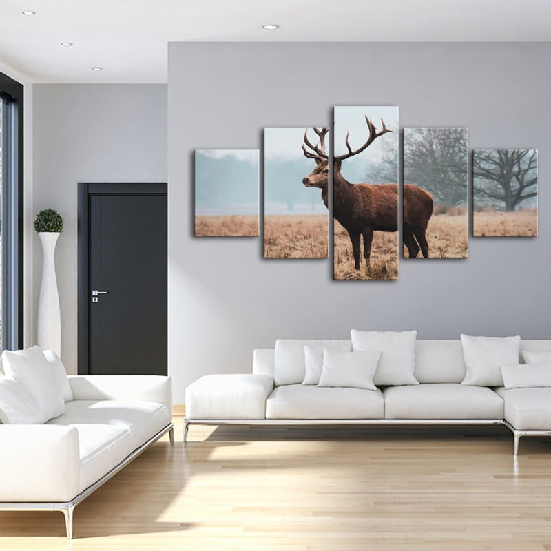 5 Piece Regal Deer in the Plains - Canvas Wall Art Painting | Bowlift