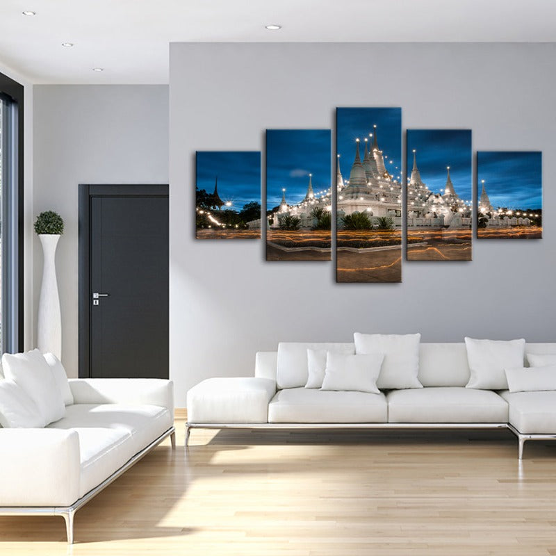 5 Piece Beautiful Temple Night Time - Canvas Wall Art Painting | Bowlift