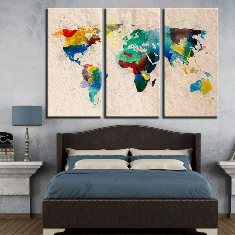 Beautiful Abstract Rainbow Color World Map-Canvas Wall Art Painting 3 Pieces | Bowlift