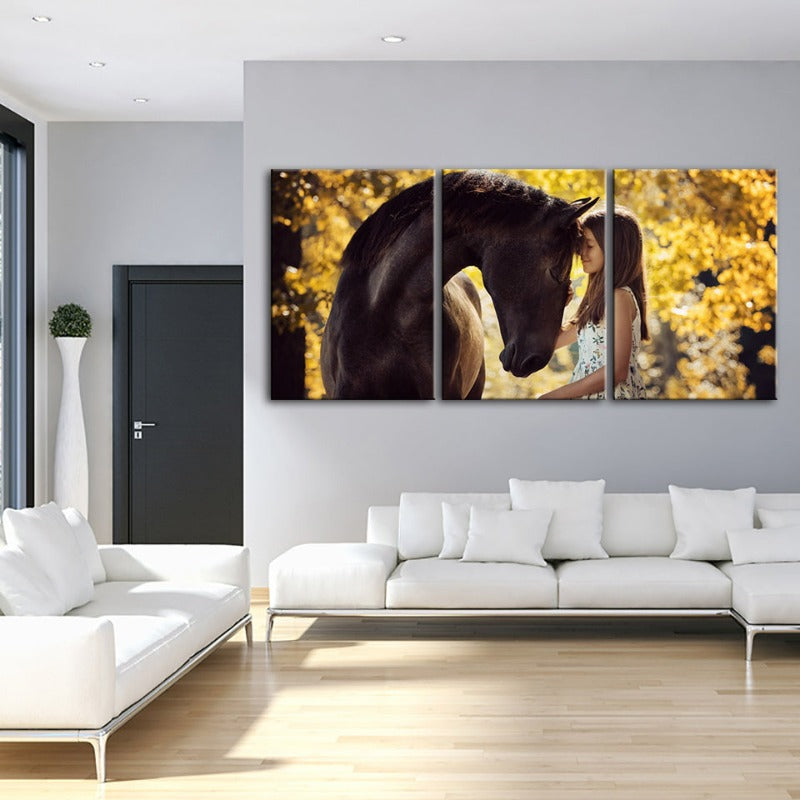 Friendship Between a Girl and Horse-Canvas Wall Art Painting 3 Pieces | Bowlift
