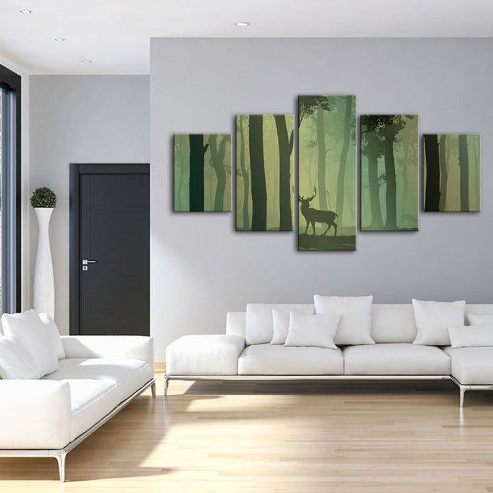 5 Piece Enchanted Green Silhouetted Deer - Canvas Wall Art Painting | Bowlift