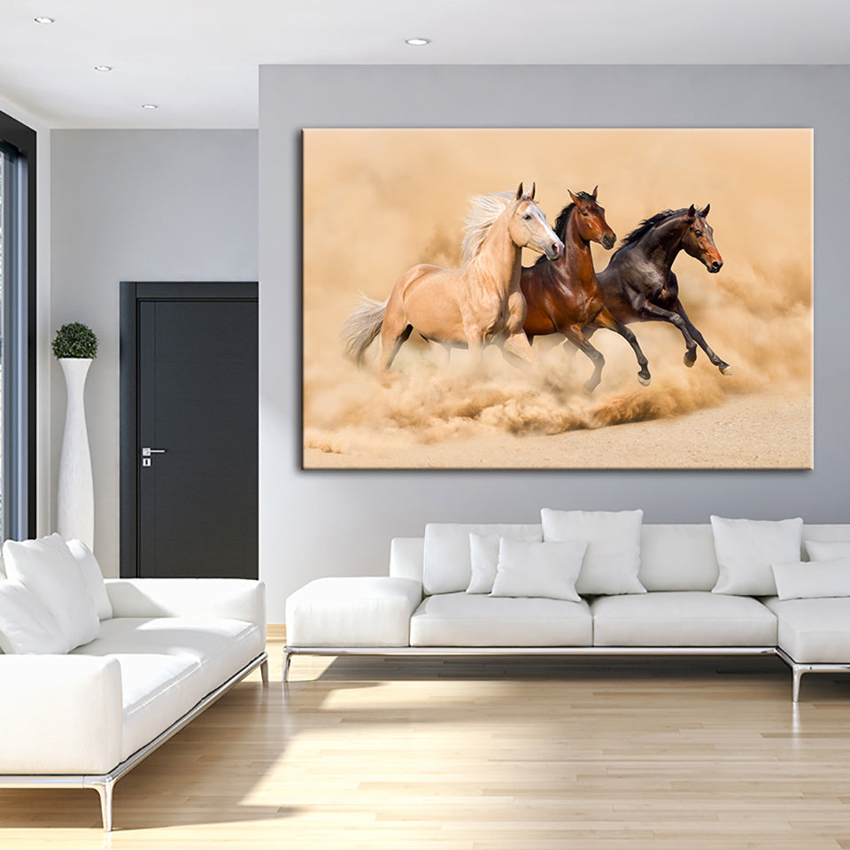Three Running Horses in Desert - Canvas Wall Art Painting | Bowlift