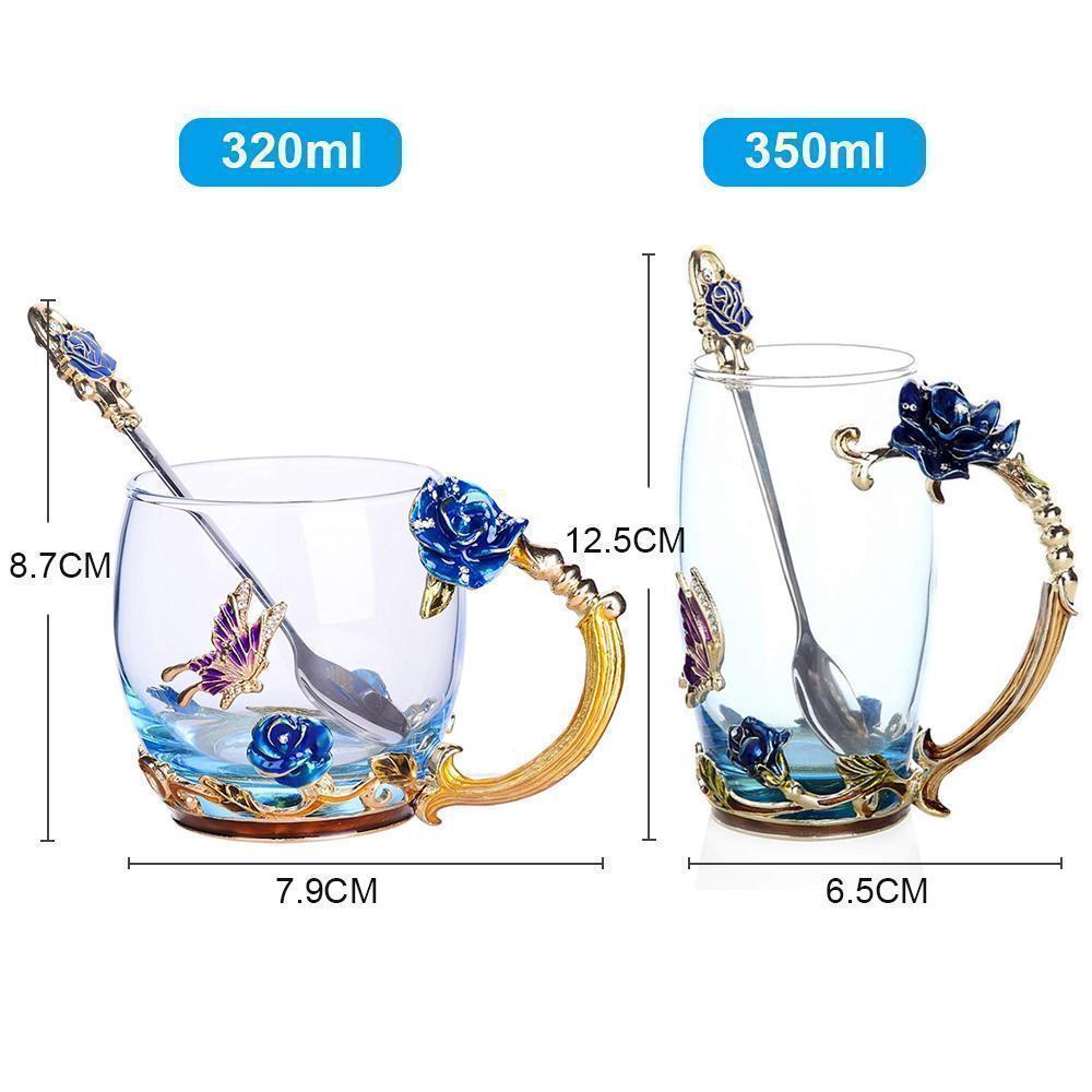 Enamel Rose Glass Tea Cup Set (With Spoon) | Bowlift