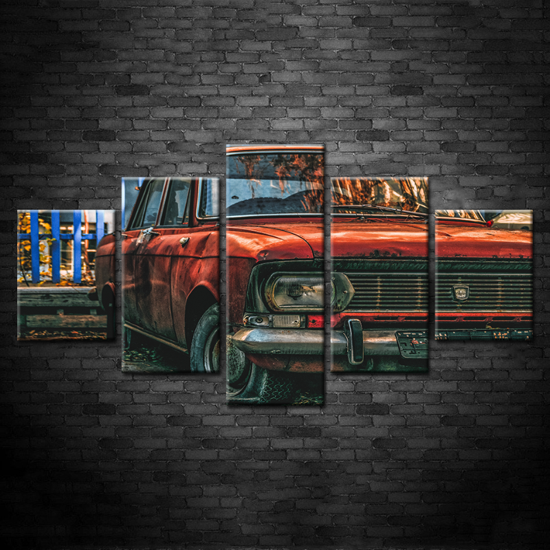 5 Piece Red Dented Vintage Car - Canvas Wall Art Painting | Bowlift