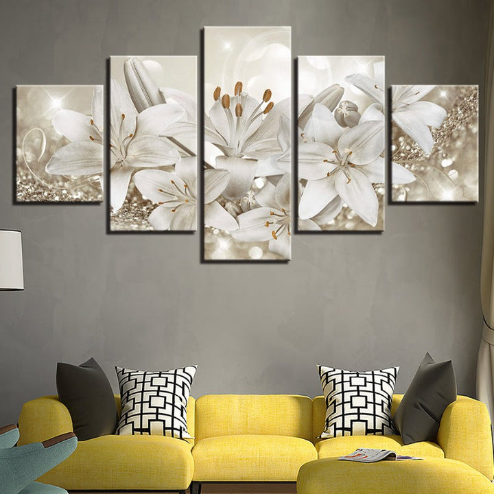 5 Piece Golden & White Background Flower - Canvas Wall Art Painting | Bowlift