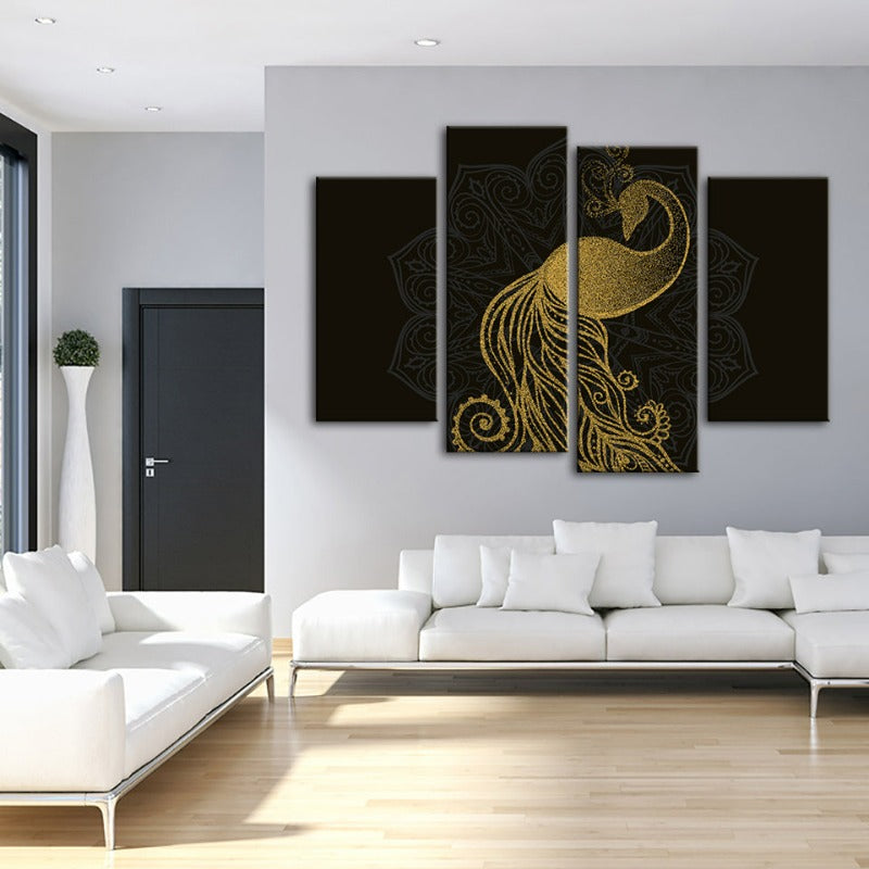 Abstract Golden Mandala Peacock-Canvas Wall Art Painting 4 Pieces | Bowlift