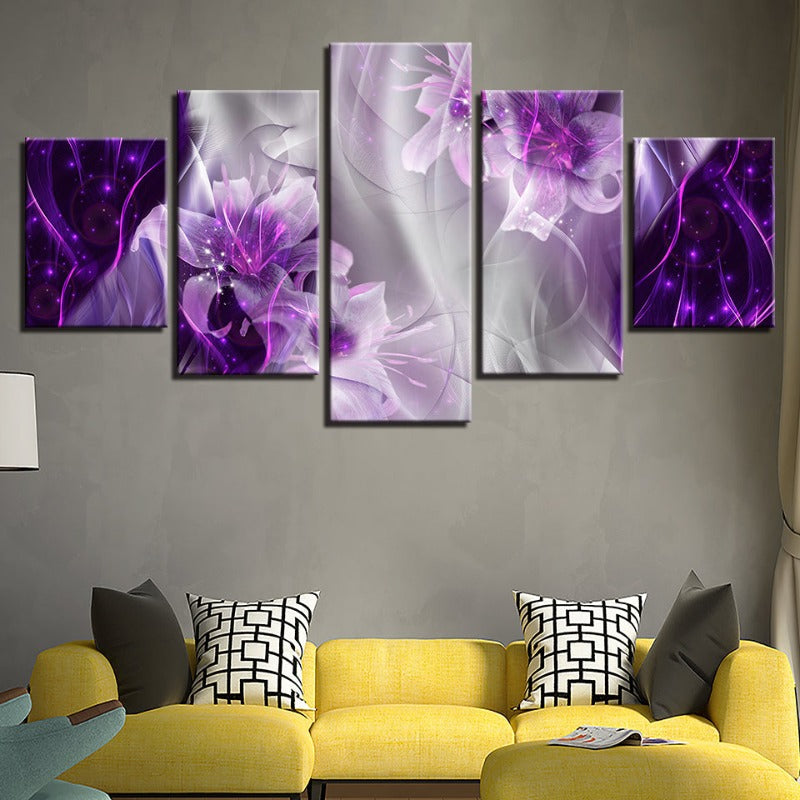 5 Piece White & Purple Magical Flower - Canvas Wall Art Painting | Bowlift