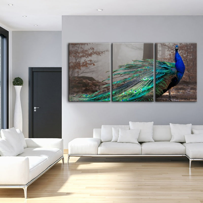 Vivid Peacock By The Pond-Canvas Wall Art Painting 3 Pieces | Bowlift