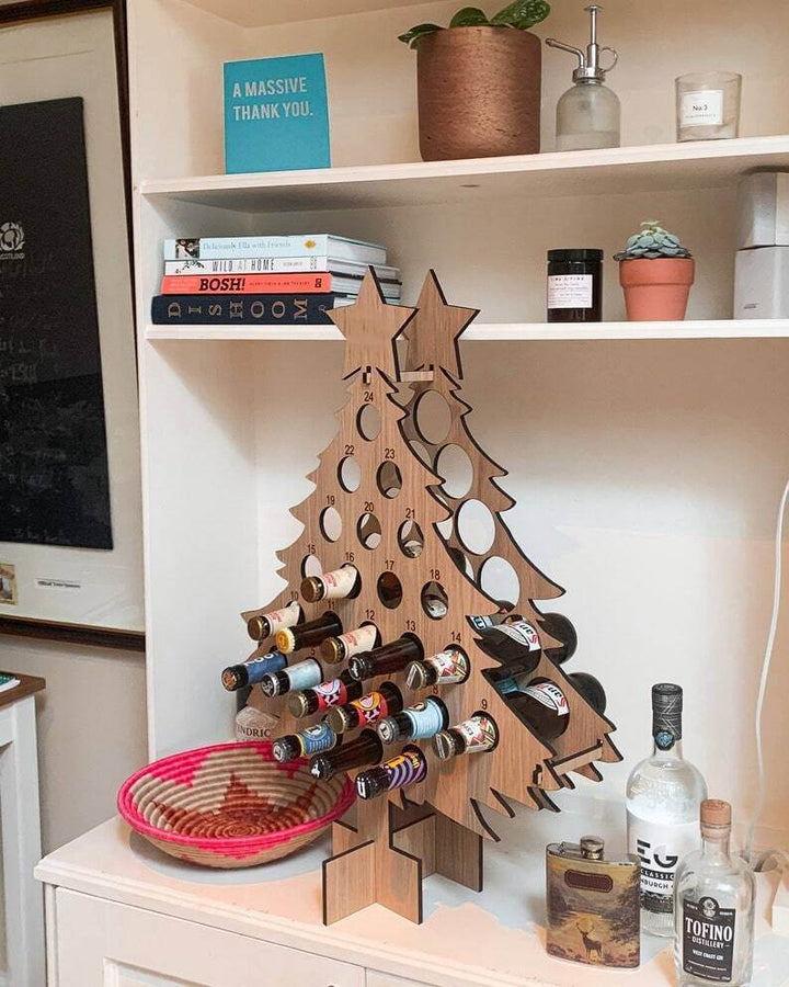 BowLift | Wooden Advent Calendar | Christmas Tree Shape & Refillable | For Beer, Wine & Mini Bottles | Reusable