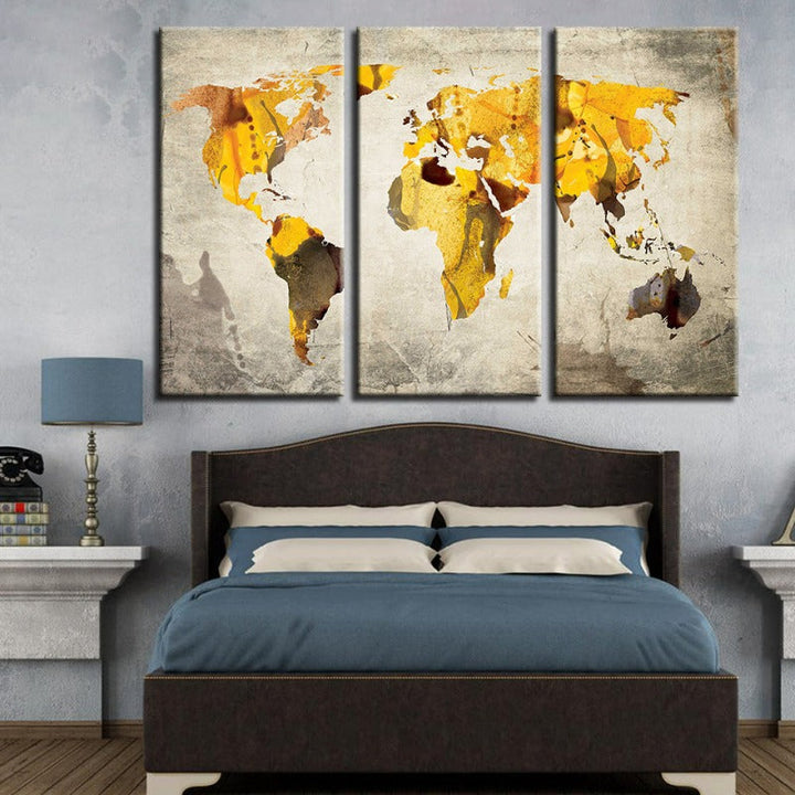 Yellow Classic World Map-Canvas Wall Art Painting 3 Pieces | Bowlift
