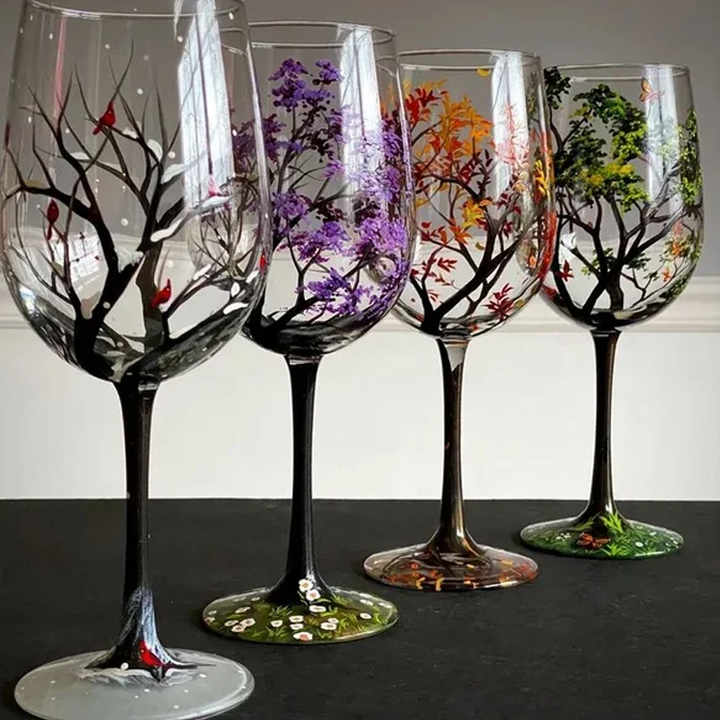 Four Seasons Tree Wine Glasses - Hand Painted Art | Bowlift