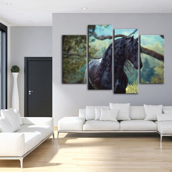 4 Piece Black Horse In Forest - Canvas Wall Art Painting | Bowlift