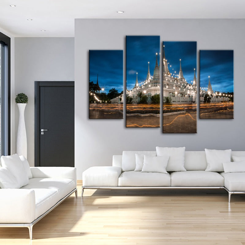 4 Piece Beautiful Temple Night Time - Canvas Wall Art Painting | Bowlift