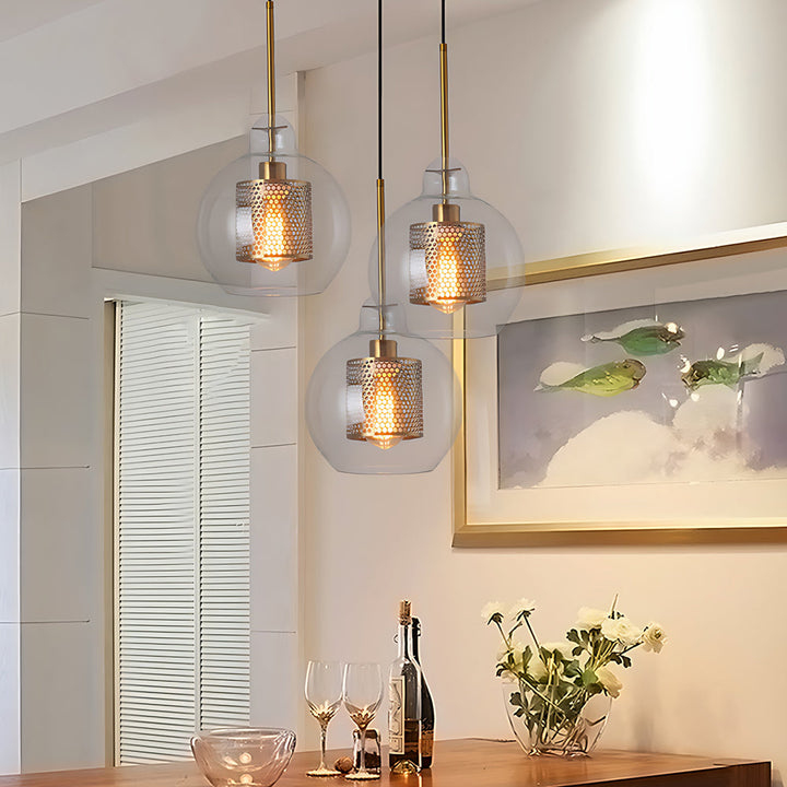 Vintage industrial pendant lamp with round glass and gold – LED pendant light for dining room and living room | Bowlift