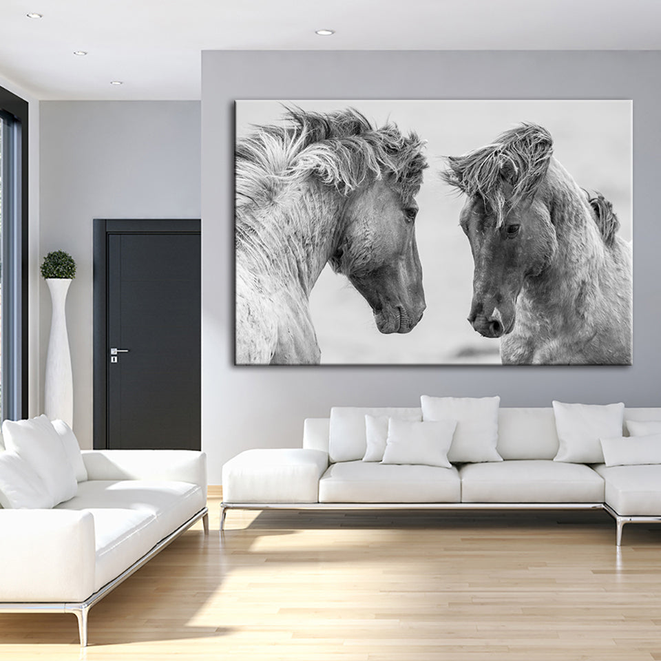 Two White Horses - Canvas Wall Art Painting | Bowlift