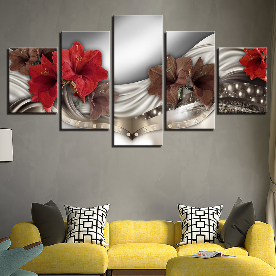 Rich Elegant Red Flowers 5 Piece - Canvas Wall Art Painting | Bowlift