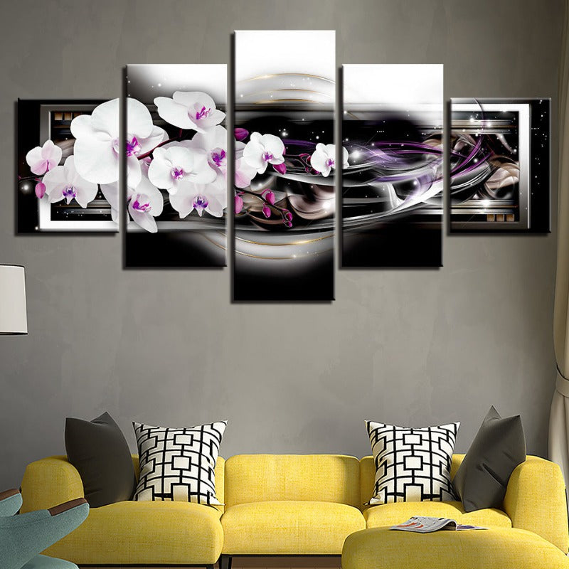 5 Piece Black Background Purple Hue White Flower - Canvas Wall Art Painting | Bowlift