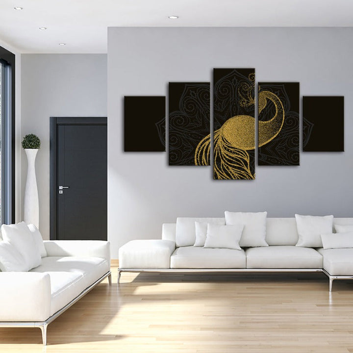 5 Piece Abstract Golden Mandala Peacock - Canvas Wall Art Painting | Bowlift