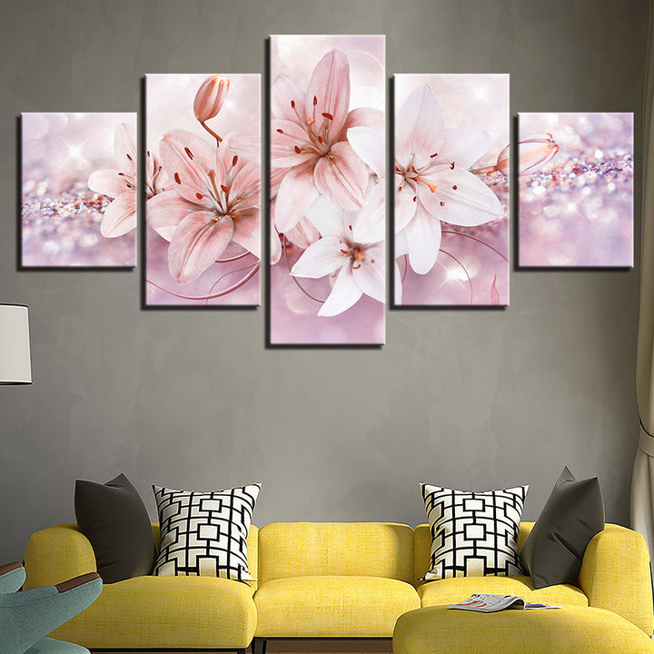 Glittering Soft Pink Flowers 5 Piece - Canvas Wall Art Painting | Bowlift