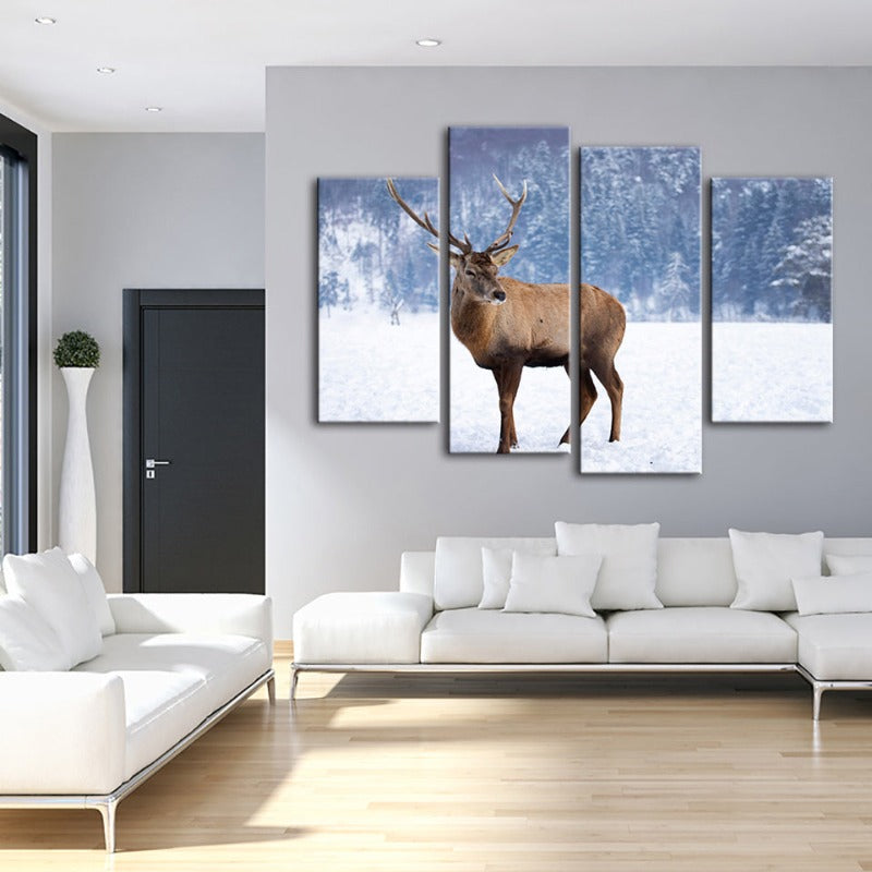 4 Piece Snowy Landscape Deer - Canvas Wall Art Painting | Bowlift