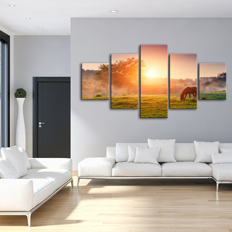 5 Piece Sunrise Grazing Horse - Canvas Wall Art Painting | Bowlift