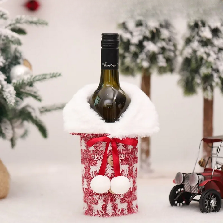 Christmas bottle cover with fur collar – festive cover for wine bottles, gnome decoration for Christmas, perfect as gift wrapping | Bowlift