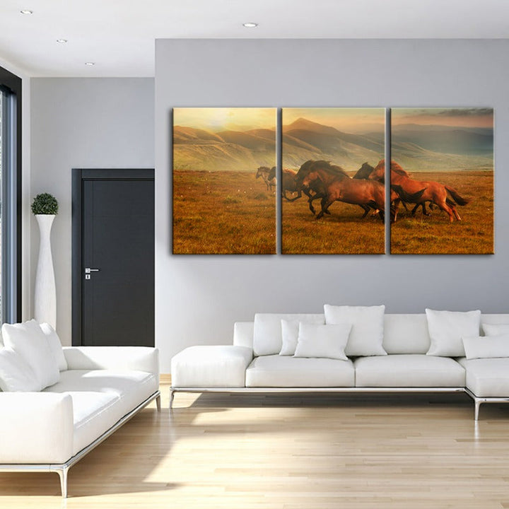 Running Horses With Beautiful Landscape-Canvas Wall Art Painting 3 Pieces | Bowlift
