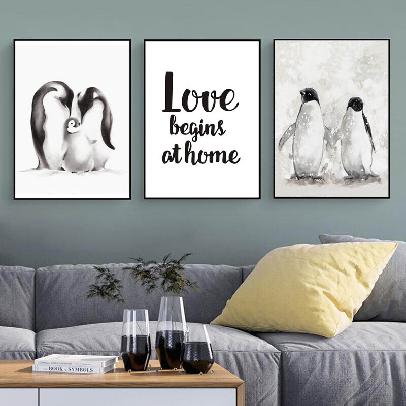 Modern Penguin Family Love - Canvas Wall Art Painting | Bowlift