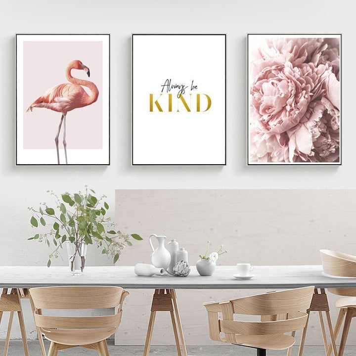 Modern Pink Flamingo Peony Flowers - Canvas Wall Art Painting | Bowlift
