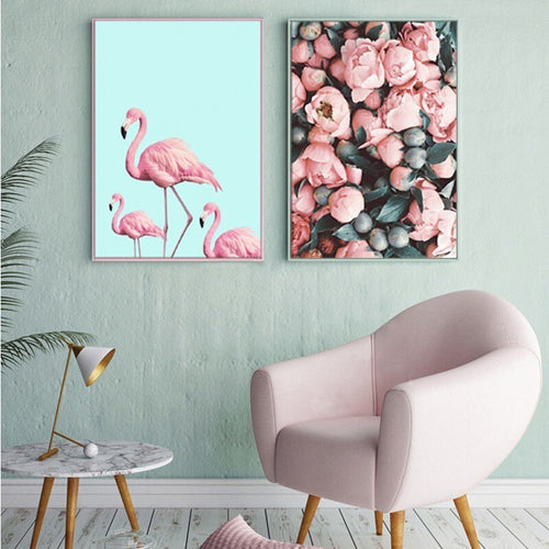 Nordic Warm Pink Flamingo - Canvas Wall Art Painting | Bowlift