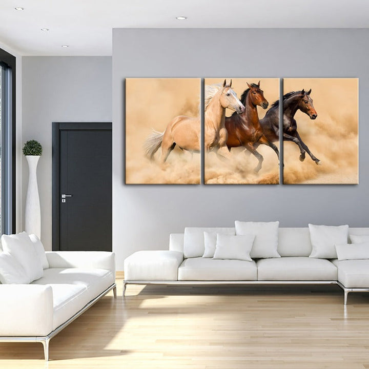 Three Running Horses In Desert-Canvas Wall Art Painting 3 Pieces | Bowlift