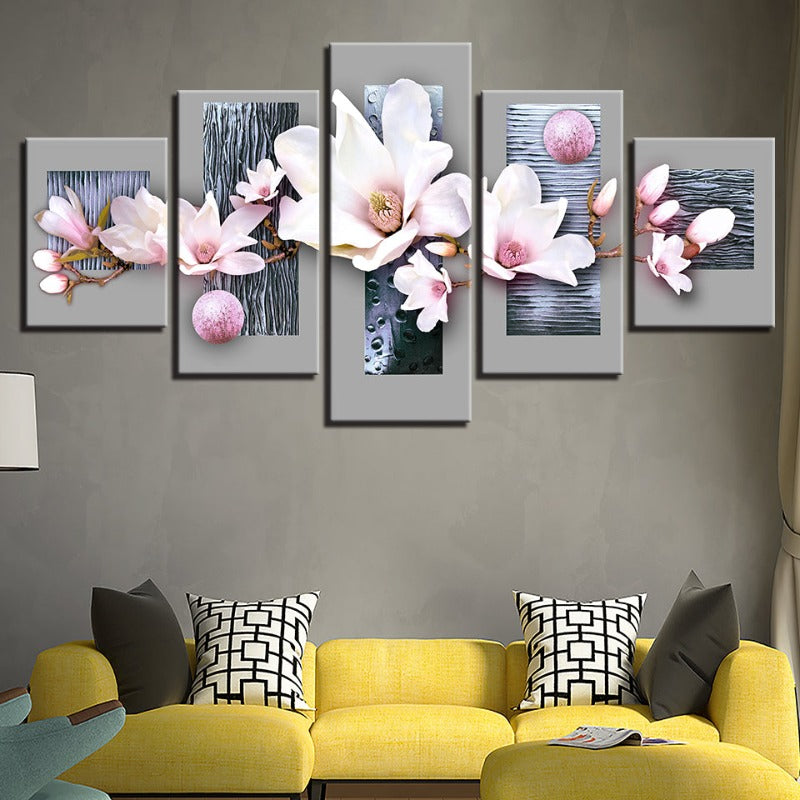 5 Piece Blue Wooden Background Pink Hue Flower - Canvas Wall Art Painting | Bowlift