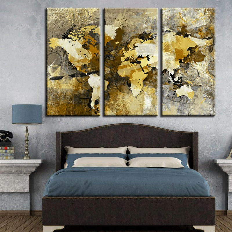 Beautiful Abstract Yellow Brown World Map-Canvas Wall Art Painting 3 Pieces | Bowlift