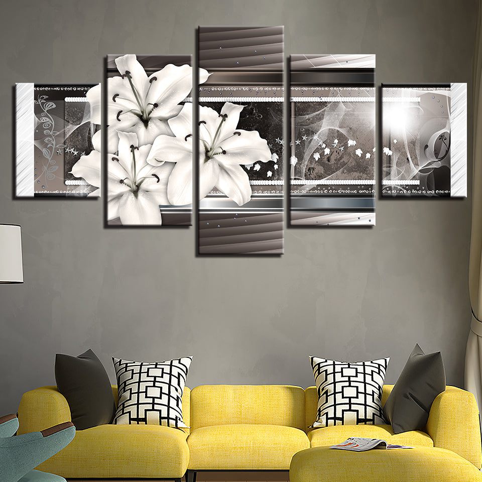Grayscale White Lilies 5 Piece - Canvas Wall Art Painting | Bowlift