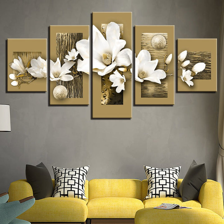 5 Piece Wooden Background White Flower - Canvas Wall Art Painting | Bowlift