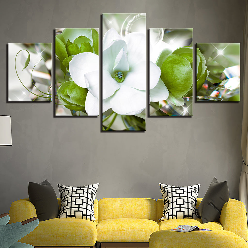 Delicate White and Green Flowers 5 Piece - Canvas Wall Art Painting | Bowlift