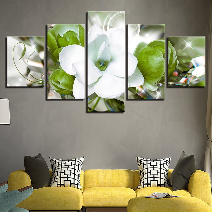 Delicate White and Green Flowers 5 Piece - Canvas Wall Art Painting | Bowlift