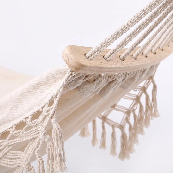 BowLift | 200x150cm Double Outdoor Camping Fringe Canvas Hammock with Pole (White)