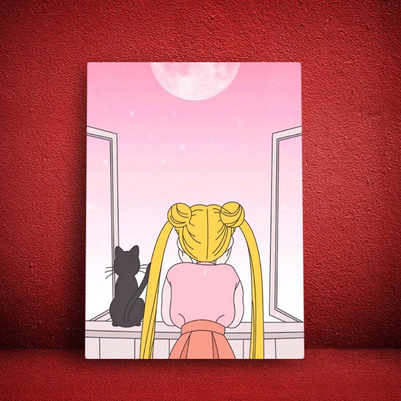 Girl And Her Moon Cat - Canvas Wall Art Painting | Bowlift