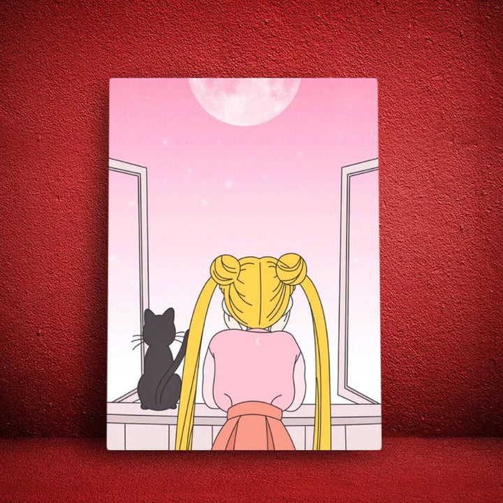 Girl And Her Moon Cat - Canvas Wall Art Painting | Bowlift