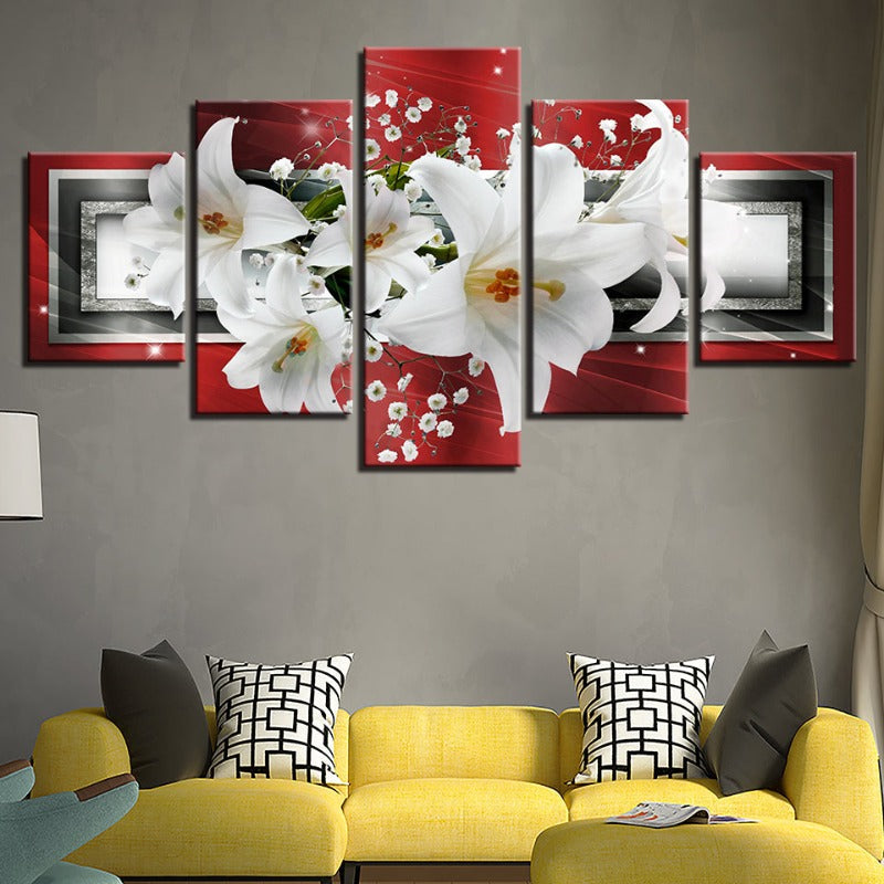 5 Piece Red Background White Tulip Flower - Canvas Wall Art Painting | Bowlift
