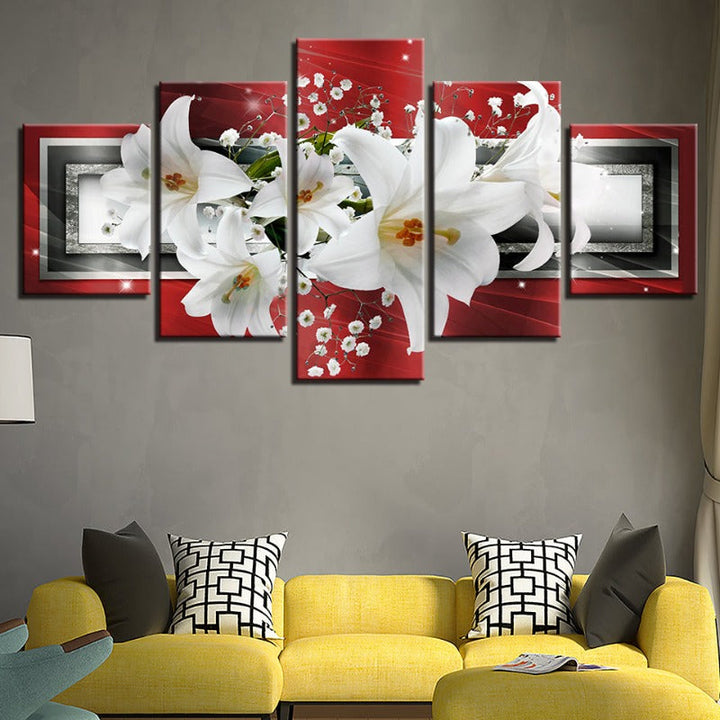 5 Piece Red Background White Tulip Flower - Canvas Wall Art Painting | Bowlift