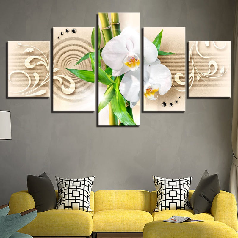 5 Piece Bamboo Stick White Flower - Canvas Wall Art Painting | Bowlift